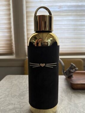 Kate Spade Black and Gold Cat Silhouette Metal Water Bottle